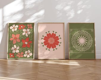 Colorful Boho Prints Set, Retro Floral Wall Art (Digital Download)