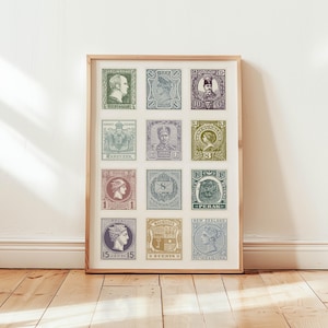 Vintage Briefmarken Druck, 19.Jahrhundert druckbare Stempelkunst, Eklektische Wandkunst, Vintage Ephemera Digital Stamp Poster, Vintage Maximalist Poster