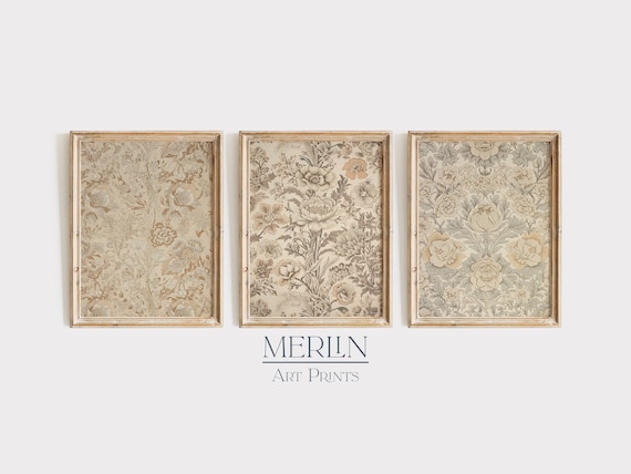 Neutral Tapestry Wall Art Vintage Gallery Set of 3 Prints Antique Textiles #G11-3