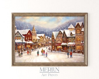Christmas Village Painting Print, Rustic Winter Town Scene (Digital Download)
