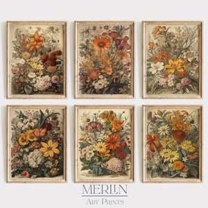 May include: Set of six vintage botanical prints featuring colorful flower arrangements in a rustic style. Each print is framed in a light wood frame.