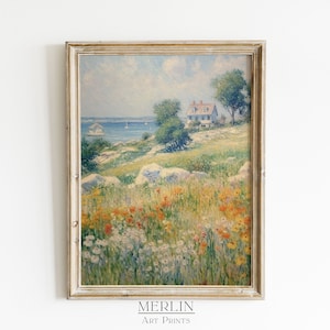 Coastal Wildflower Field Impressionist Oil Painting Wall Art PRINTABLE Vintage Digital Download 384