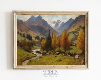 Rustic Autumn Alps Painting, Vintage Landscape Art (Digital Download)