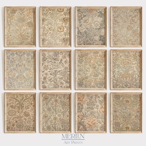 May include: Twelve framed prints of vintage floral patterns in muted tones of brown, green, and blue. The frames are a light wood color.