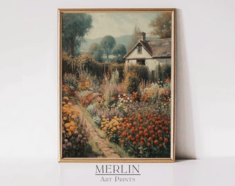 May include: A painting of a cottage with a garden full of colorful flowers. The cottage is white with a brown roof and a stone path leads to the front door. The garden is filled with flowers in shades of red, orange, yellow, and purple.