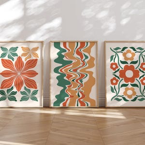 Funky Boho Wall Art Set of 3, Green Orange Prints, Eclectic Wall Art, Floral Boho Print, Maximalist Wall Decor, Retro College Dorm Decor
