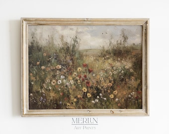 Campo de flores silvestres silenciadas Pintura al óleo impresionista Arte de la pared IMPRIMIBLE Descarga digital vintage #55