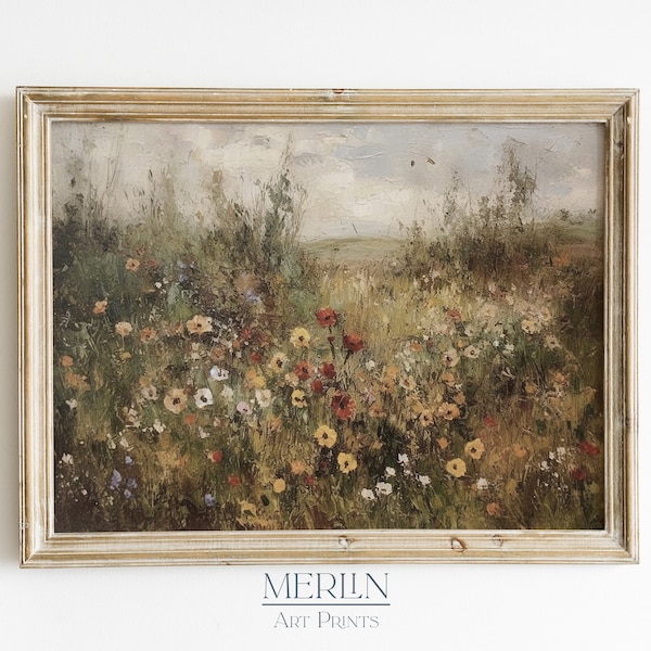 Muted Wildflower Field Impressionist Oil Painting Wall Art PRINTABLE Vintage Digital Download #55