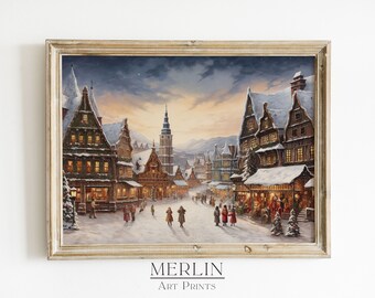 Rustic Christmas Village Art Print, Vintage Snow Scene (Digital Download)