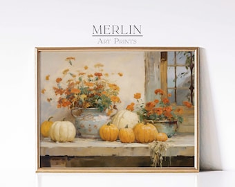 Autumn Cottage Pumpkin Still Life Painting, French Country Print (Digital Download)