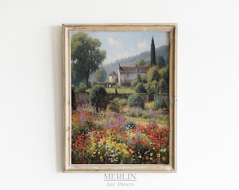French Garden Cottage Painting, Vintage Impressionist Art (Digital Download)