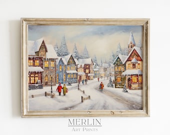 Christmas Village Painting, Rustic Winter Scene (Digital Download)