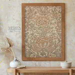 May include: A framed print of a floral pattern in shades of beige, brown, and green. The print is titled "MERLIN Art Prints".
