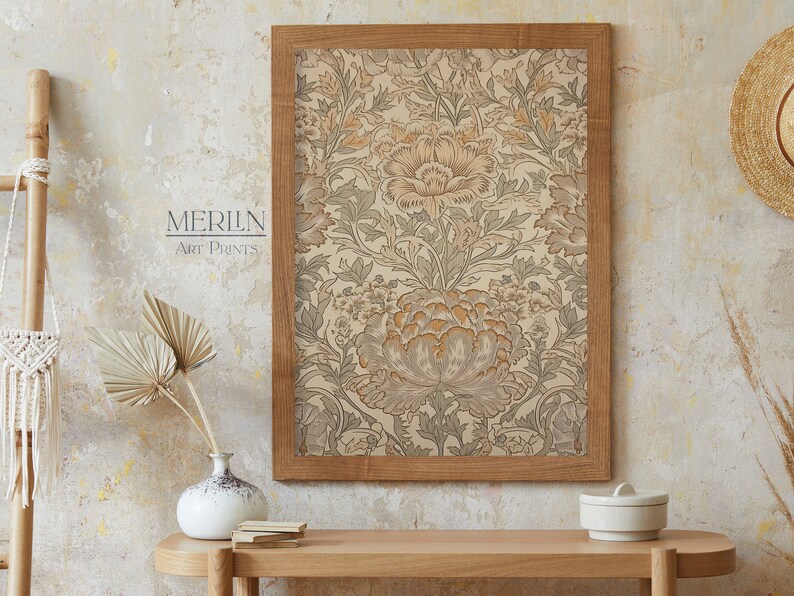 May include: A framed print of a floral pattern in shades of beige, brown, and green. The print is titled "MERLIN Art Prints".