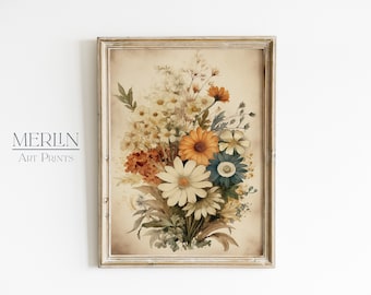 Vintage Wildflower Watercolor Painting, 19th Century Floral Art (Digital Download)