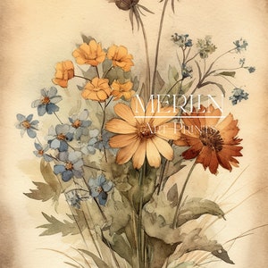 K&ouml;nnte beinhalten: Ein Aquarellbild eines Strau&szlig;es Wildblumen in Blaut&ouml;nen, Gelb und Orange. Die Blumen sind in einer Vase arrangiert und vor einem hellbraunen Hintergrund platziert. Das Bild ist mit "MERLIN ART PRINTS" signiert.