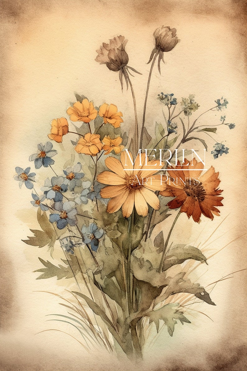 K&ouml;nnte beinhalten: Ein Aquarellbild eines Strau&szlig;es Wildblumen in Blaut&ouml;nen, Gelb und Orange. Die Blumen sind in einer Vase arrangiert und vor einem hellbraunen Hintergrund platziert. Das Bild ist mit "MERLIN ART PRINTS" signiert.