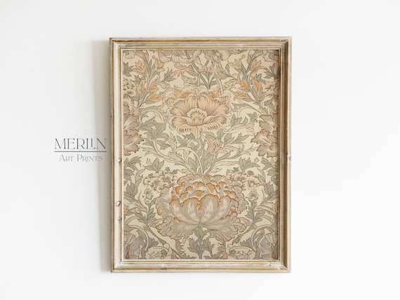 Neutral Tapestry Wall Art Printable Vintage Textile Sage Green Beige William Morris Print #89