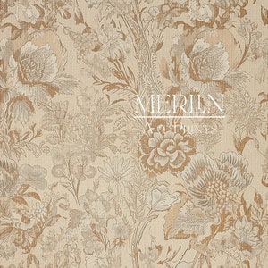 May include: A beige fabric with a brown floral pattern. The pattern features various flowers, leaves, and stems. The fabric has a textured surface.