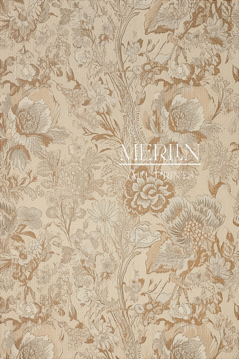 May include: A beige fabric with a brown floral pattern. The pattern features various flowers, leaves, and stems. The fabric has a textured surface.