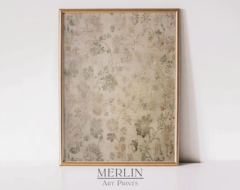 May include: A framed print of a vintage floral pattern in shades of beige, green, and brown. The pattern features a repeating design of stylized flowers and leaves. The frame is a simple gold color.