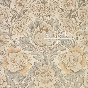 May include: A beige floral pattern wallpaper with a repeating design of light brown and gray flowers and leaves.