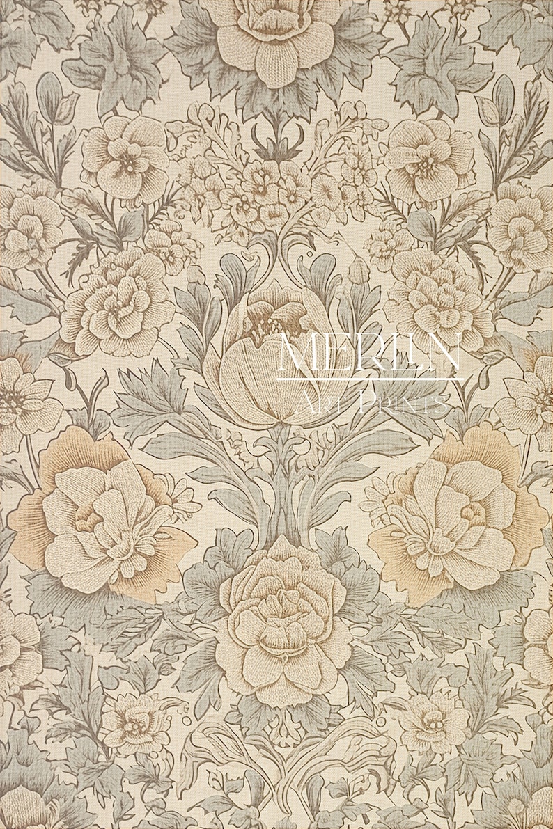 May include: A beige floral pattern wallpaper with a repeating design of light brown and gray flowers and leaves.