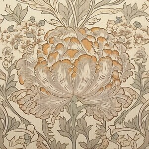 May include: A vintage floral wallpaper design featuring a large, stylized flower with brown and orange petals. The background is a cream color with smaller flowers and leaves in shades of green and brown.