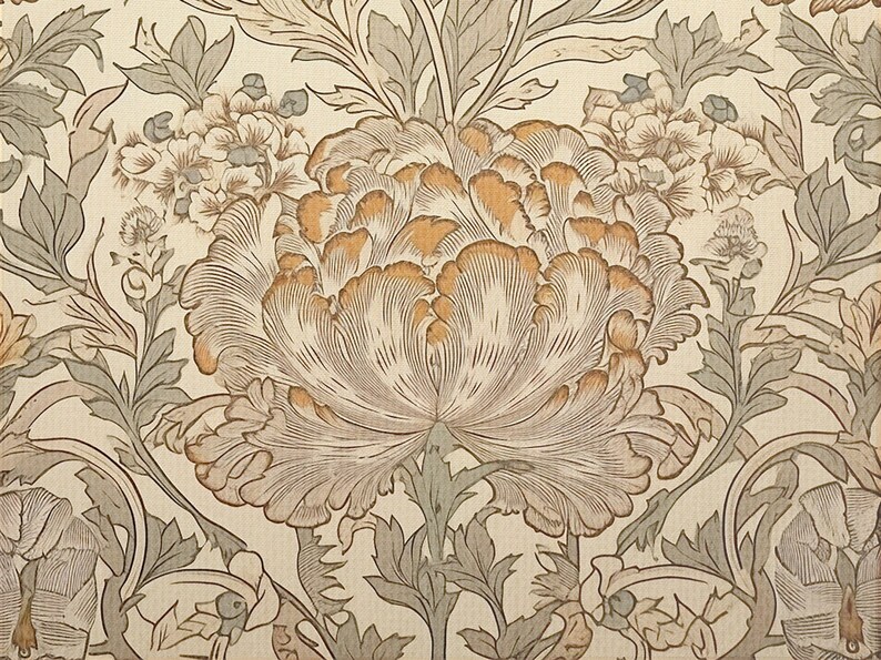 May include: A vintage floral wallpaper design featuring a large, stylized flower with brown and orange petals. The background is a cream color with smaller flowers and leaves in shades of green and brown.