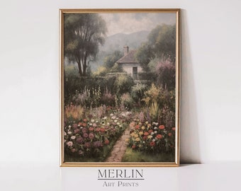 French Cottage Flower Garden Painting, Vintage Landscape Art (Digital Download)