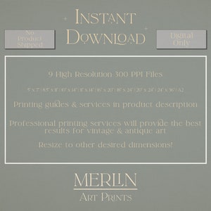 K&ouml;nnte beinhalten: Ein digitaler Download von 9 hochaufl&ouml;senden druckbaren Kunstdateien in verschiedenen Gr&ouml;&szlig;en, darunter 5x7 Zoll, 8,5x11 Zoll, 10x14 Zoll, 11x14 Zoll, 16x20 Zoll, 18x24 Zoll, 20x24 Zoll, 24x36 Zoll und A2. Der Text "INSTANT DOWNLOAD" und "Digital Only" wird auf dem Bild angezeigt. Der Text "MERLIN ART PRINTS" wird ebenfalls auf dem Bild angezeigt.