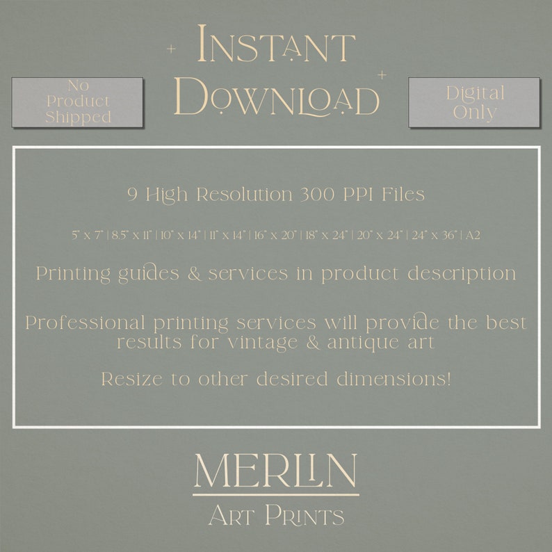 K&ouml;nnte beinhalten: Ein digitaler Download von 9 hochaufl&ouml;senden druckbaren Kunstdateien in verschiedenen Gr&ouml;&szlig;en, darunter 5x7 Zoll, 8,5x11 Zoll, 10x14 Zoll, 11x14 Zoll, 16x20 Zoll, 18x24 Zoll, 20x24 Zoll, 24x36 Zoll und A2. Der Text "INSTANT DOWNLOAD" und "Digital Only" wird auf dem Bild angezeigt. Der Text "MERLIN ART PRINTS" wird ebenfalls auf dem Bild angezeigt.