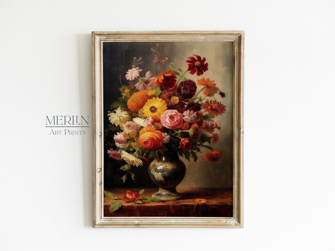 Moody Floral Still Life Oil Painting, Vintage Flower Print (digital ...