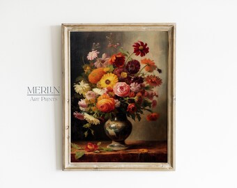 Stämningsfull blommig stilleben oljemålning, vintage blomtryck (digital nedladdning)