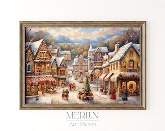 Christmas Village Oil Painting Print, Rustic Winter Scene (Digital Download)