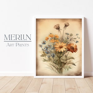K&ouml;nnte beinhalten: Ein Aquarellgem&auml;lde eines Strau&szlig;es gelber und orangefarbener Wildblumen mit blauen Vergissmeinnicht auf einem Vintage-Hintergrund.