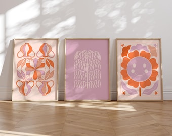 Boho Retro Prints Set of 3, Pink Orange Dorm Decor (Digital Art)