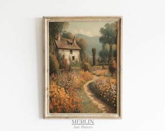 French Country Cottage Garden, Autumn Landscape Painting (Digital Download)