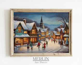 Christmas Village Painting Print, Rustic Winter Decor (Digital Download)
