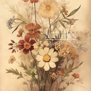 May include: A watercolor painting of a bouquet of flowers in shades of brown, white, and yellow. The flowers are arranged in a vase and are surrounded by green leaves. The painting is set against a light brown background.