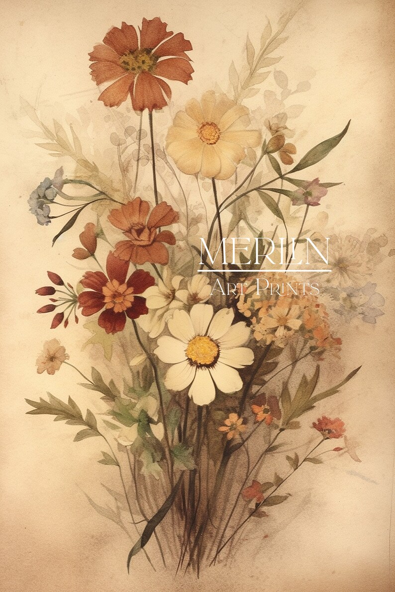 May include: A watercolor painting of a bouquet of flowers in shades of brown, white, and yellow. The flowers are arranged in a vase and are surrounded by green leaves. The painting is set against a light brown background.
