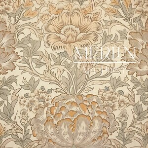 May include: A vintage floral wallpaper pattern with a cream background and a repeating design of brown and green flowers. The flowers are stylized and have a delicate, intricate design.