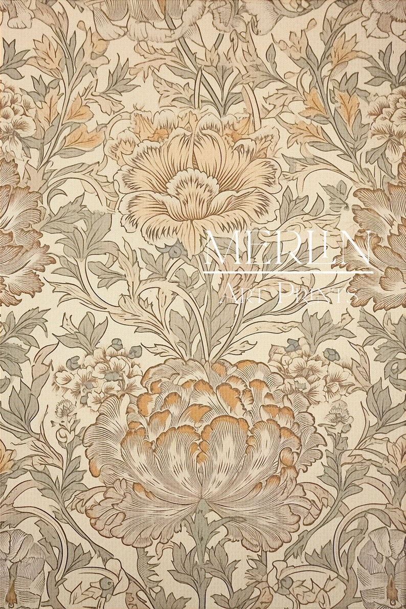 May include: A vintage floral wallpaper pattern with a cream background and a repeating design of brown and green flowers. The flowers are stylized and have a delicate, intricate design.