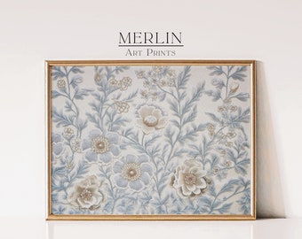 Blue Floral Textile Art Print, Eclectic Home Decor (Digital Download)