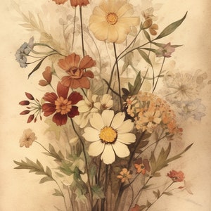 May include: A watercolor painting of a bouquet of wildflowers in shades of brown, white, and yellow. The flowers are arranged in a vase and are surrounded by green leaves.