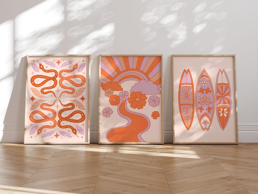 Colorful Funky Wall Art Prints Set of 3, Trendy Boho Wall Art, Pink Orange Prints Dorm, Groovy ...