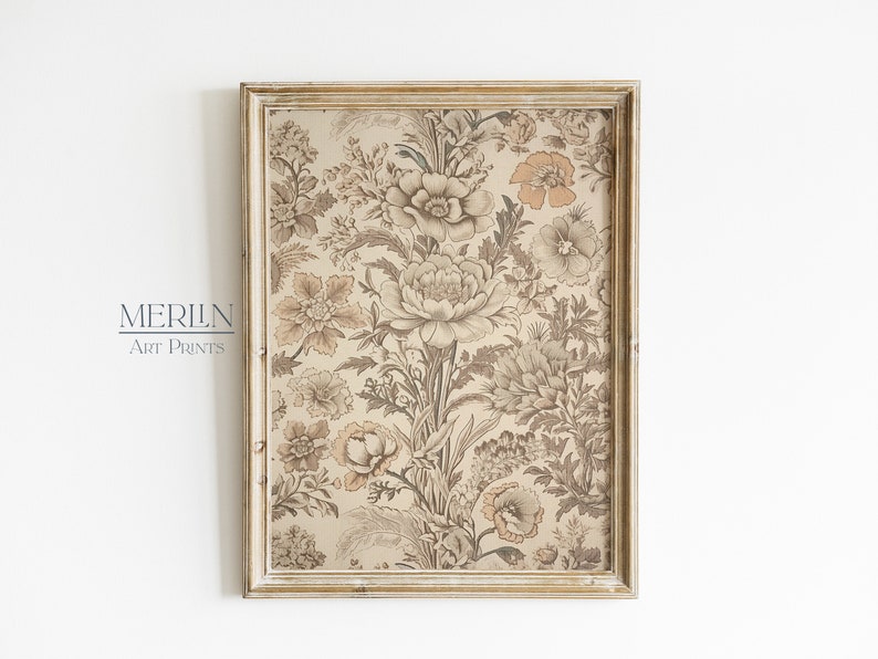 May include: A framed print of a vintage floral pattern in shades of brown and beige. The print features a variety of flowers and leaves, including roses, peonies, and ferns.