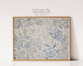 Blue Floral Textile Art Print, Eclectic Wall Decor (Digital Download)