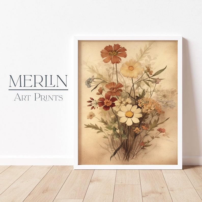 May include: A vintage-style print featuring a bouquet of pressed flowers in shades of brown, yellow, and white. The flowers are arranged in a loose, natural style, and the background is a soft, faded beige.