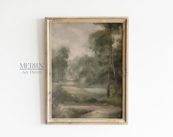 Muted Green Landscape Painting Impressionist Art Print Vintage Nature Decor Digital Download #46